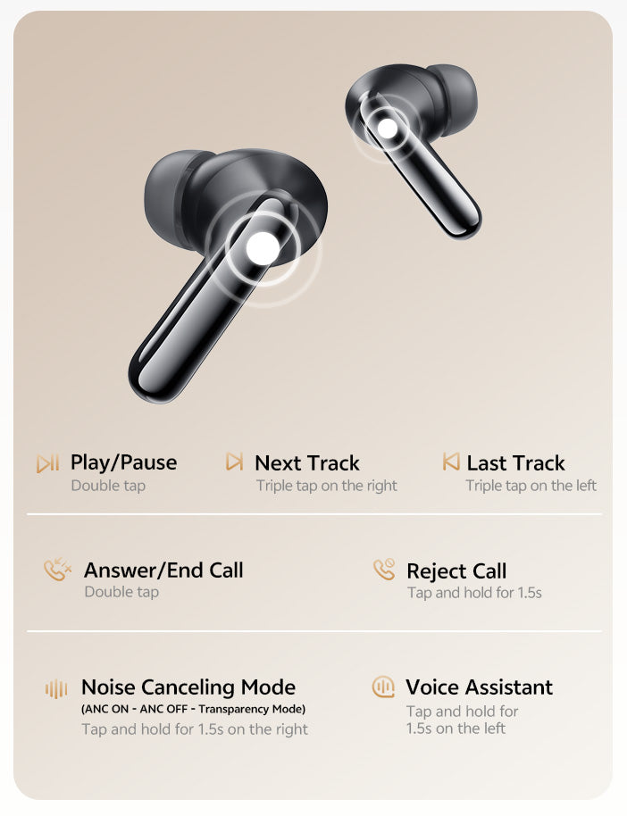 Auriculares True Wireless negros con ANC, control táctil y asistente de voz.