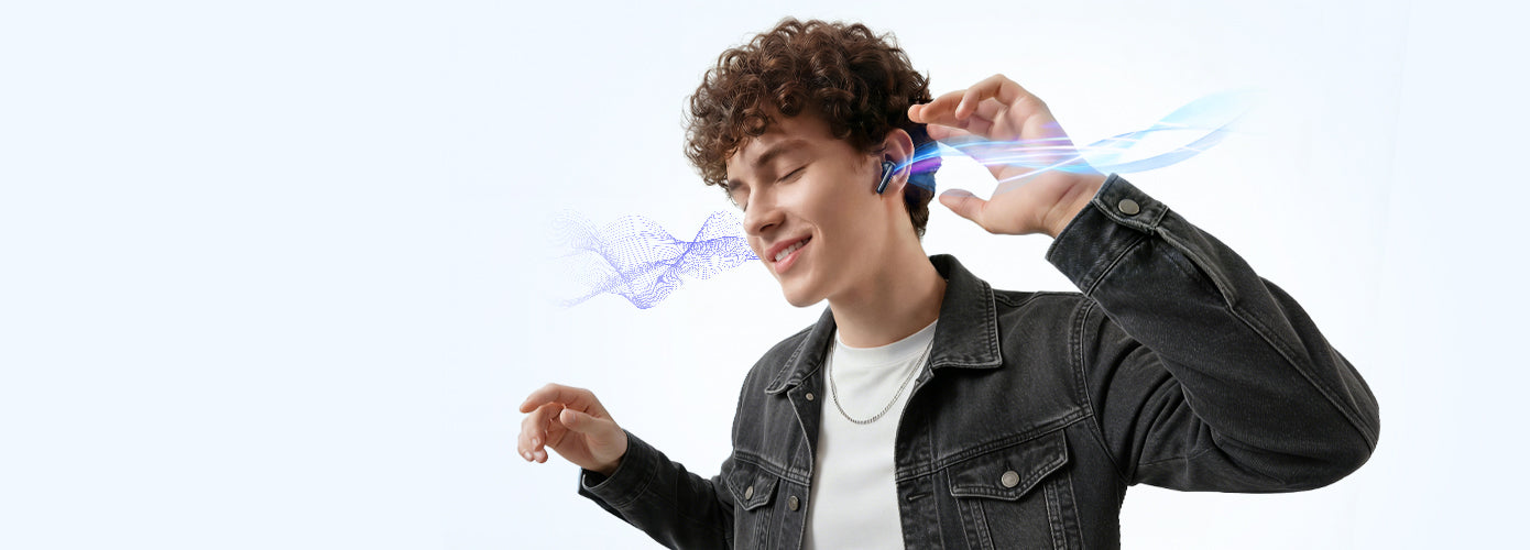 Hombre con auriculares inalámbricos, disfrutando de la música, ondas azules brillantes visualizan el sonido.