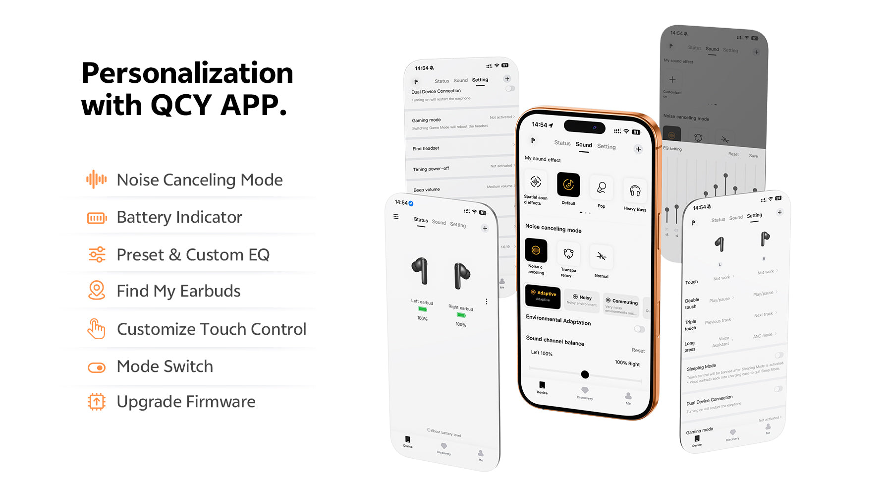 QC Y-App: Personalización con cancelación de ruido, ajuste de ecualizador y control táctil para auriculares inalámbricos.