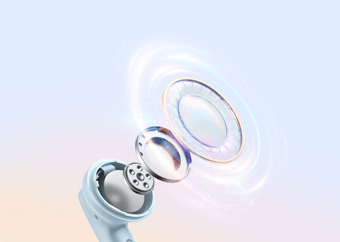 Auricular inalámbrico con cápsula abierta y altavoz flotante, diseño moderno con efectos luminosos.