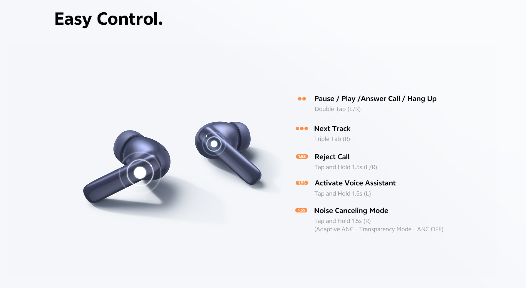 Auriculares Bluetooth con control táctil: pausa, siguiente canción, contestar llamadas y cancelación de ruido con un toque.